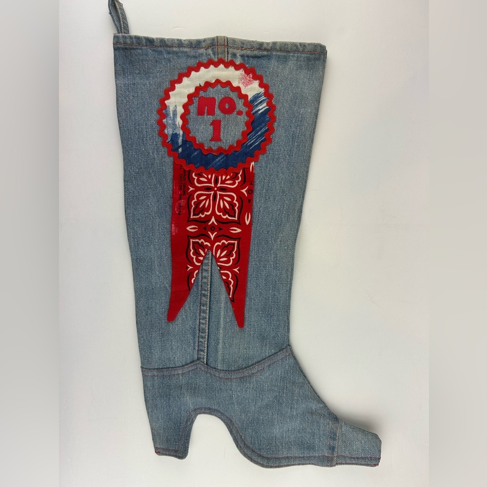 Vintage Denim Handmade Cowboy Boot Christmas Stocking Hand Sewn Western No. 1